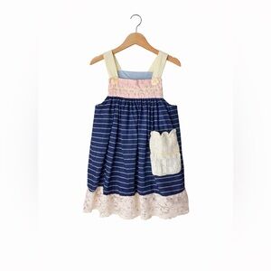 Handmade Blue, Ivory and Pink Pinafore Dress. Lace detail. Size 2/3t. Great Cond
